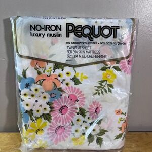 Vtg Pequot Twin Flat Sheet No-Iron Luxury Muslin Floral Pink Yellow Blue USA NEW